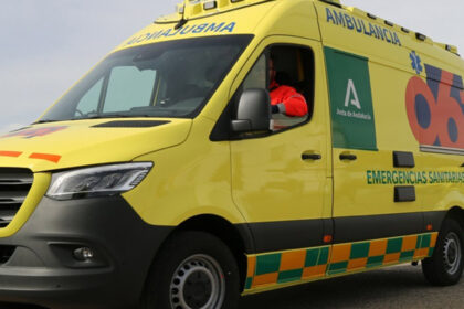 Trabajador en el suelo tras caer de un pino durante poda en zona residencial de Cartaya, con equipos de emergencia en escena