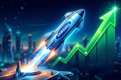 Gráfico de crecimiento exponencial de Samsung en 2026 con chips de memoria HBM para IA resaltados en azul neón