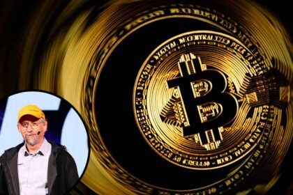 Retrato de Adam Back con fondo de código Bitcoin y titular de The Times de 2009 usado en el bloque génesis
