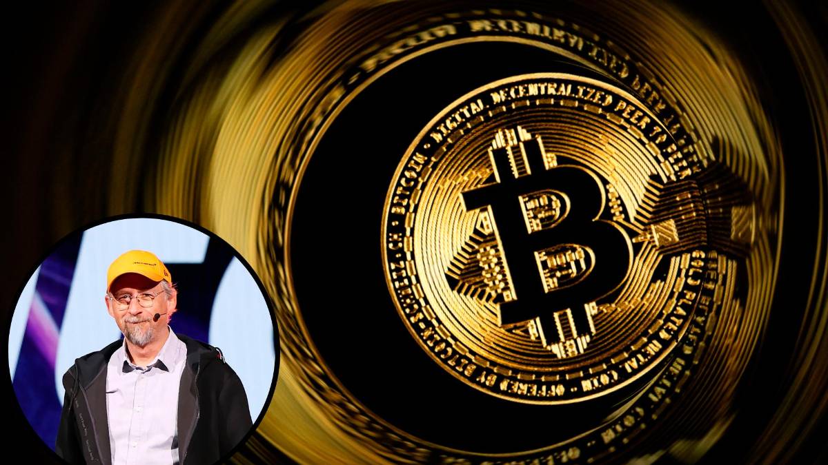 Retrato de Adam Back con fondo de código Bitcoin y titular de The Times de 2009 usado en el bloque génesis