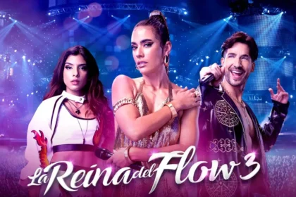 Carolina Ramírez como Yeimy Montoya en escena emotiva del final de 'La Reina del Flow', con Charly Flow de fondo en ambiente dramático
