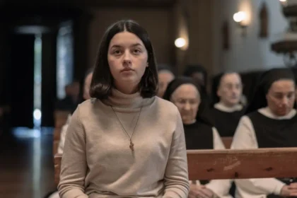 Blanca Soroa como Ainara en un fotograma intenso de 'Los Domingos', con hábito monástico y mirada decidida frente a un crucifijo