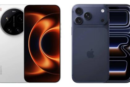 Comparación frontal entre el Xiaomi 17 Ultra con cámara Leica APO y el iPhone 17 Pro mostrando sus pantallas OLED en uso