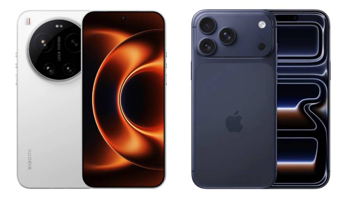 Comparación frontal entre el Xiaomi 17 Ultra con cámara Leica APO y el iPhone 17 Pro mostrando sus pantallas OLED en uso