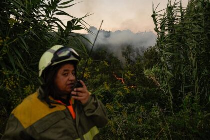 Brigadas forestales trabajando para extinguir el fuego en un monte de Arbo, Galicia, con humo y vegetación quemada