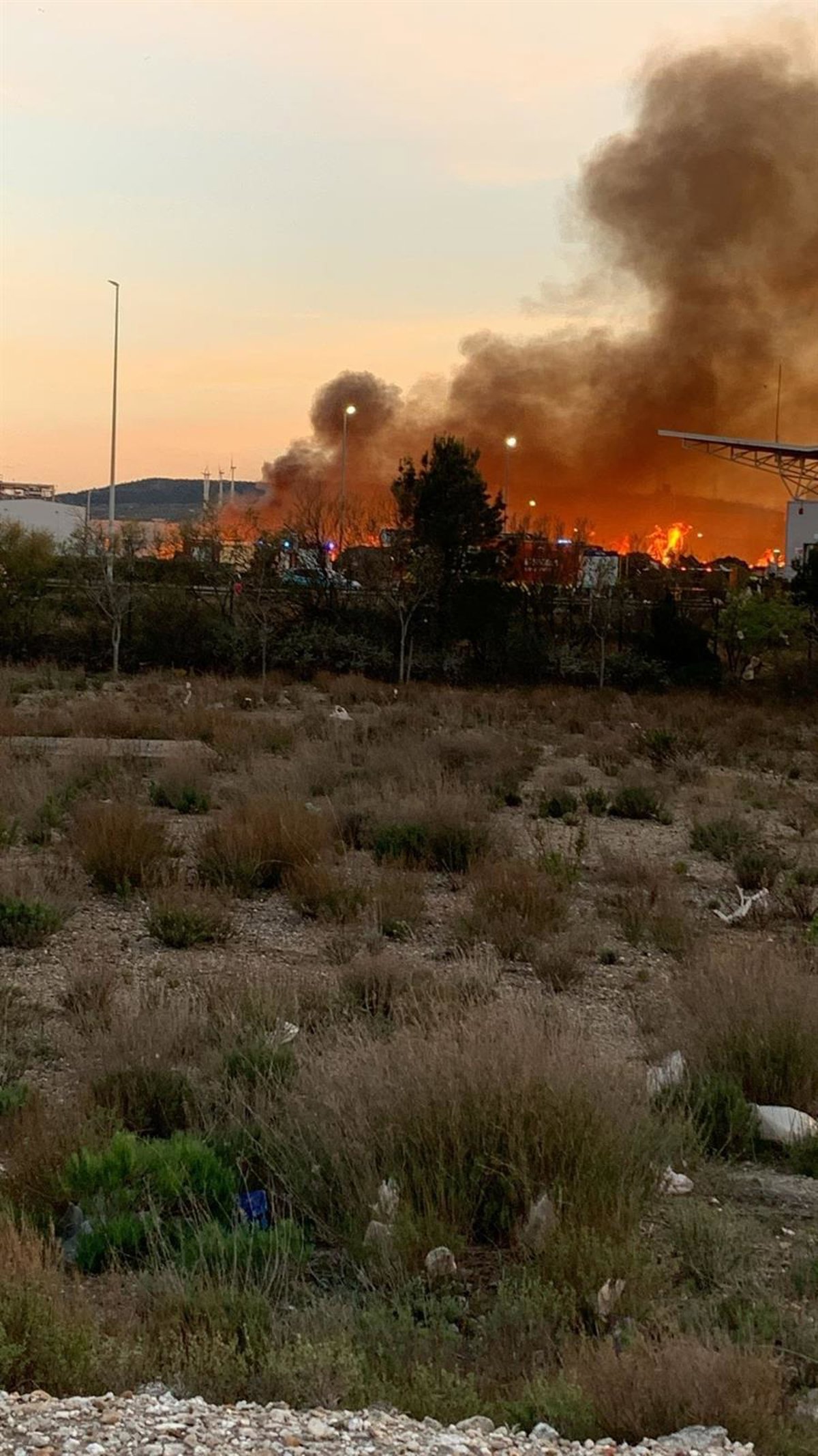 Bomberos de Zaragoza combatiendo llamas y humo negro en incendio industrial del PTR con autobombas y escala articulada