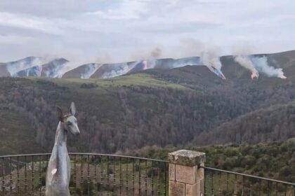 Bosque quemado en Cantabria tras los incendios de 2026 con 10.000 hectáreas afectadas y equipos de extinción trabajando en la zona
