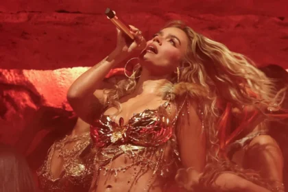 Karol G en el escenario de Coachella 2026 con vestuario 'hot tropic' y bandera colombiana durante su show histórico