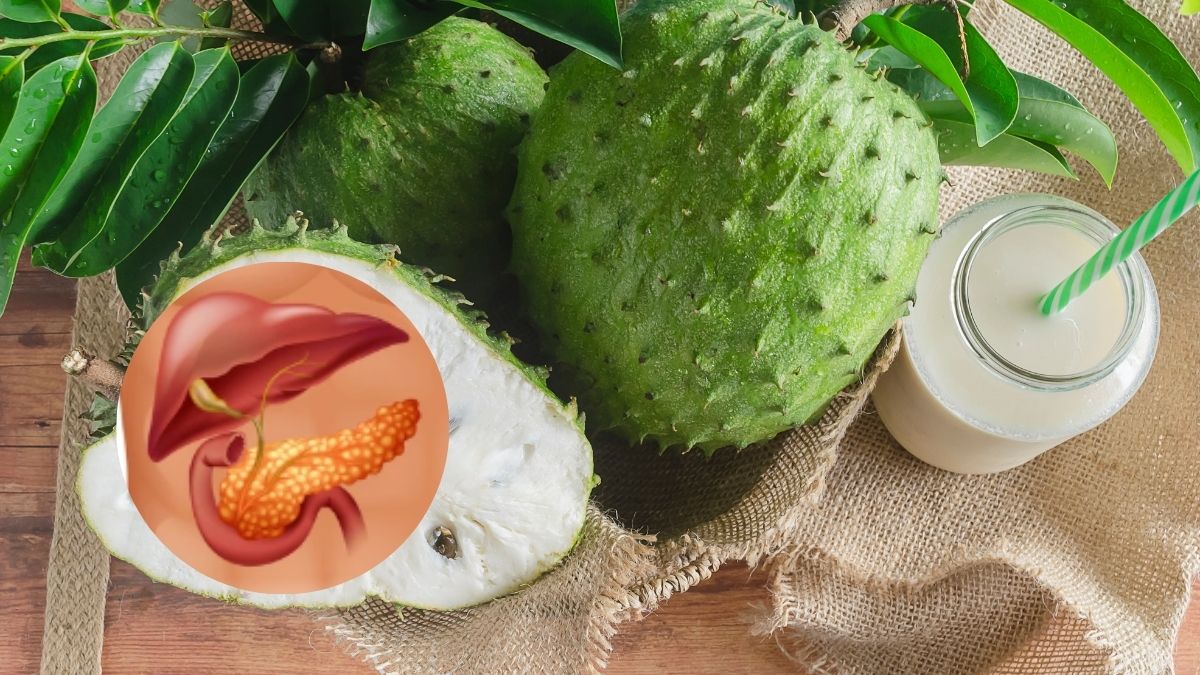 Corte transversal de guanábana fresca mostrando su pulpa blanca y semillas negras, destacando sus propiedades hepatoprotectoras respaldadas por estudios científicos sobre su efecto en hígado graso y oxidación celular