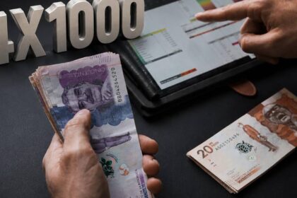 Familia colombiana revisando extracto bancario con cargos por 4×1000 en transacciones diarias como retiros y pagos con tarjeta