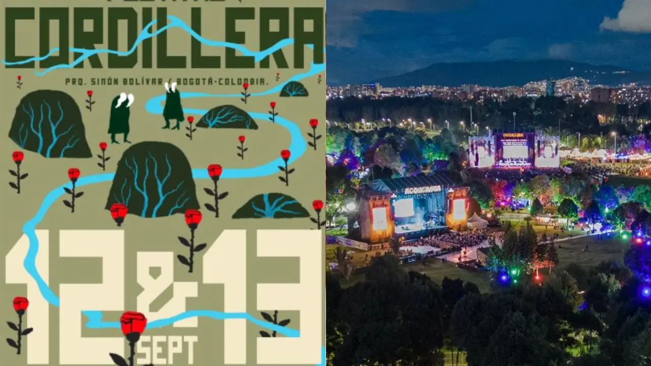 Multitud disfrutando del Festival Cordillera en el Parque Simón Bolívar con luces de escenario y cielo despejado de septiembre