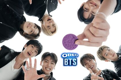 Caja de galletas Oreo edición limitada 2024 con diseño morado y 13 ilustraciones inspiradas en BTS y el hotteok coreano