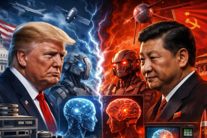 Mapa mundial con chips de silicio y banderas de EE.UU. y China simbolizando la división tecnológica por la 'IA Guerra Fría'