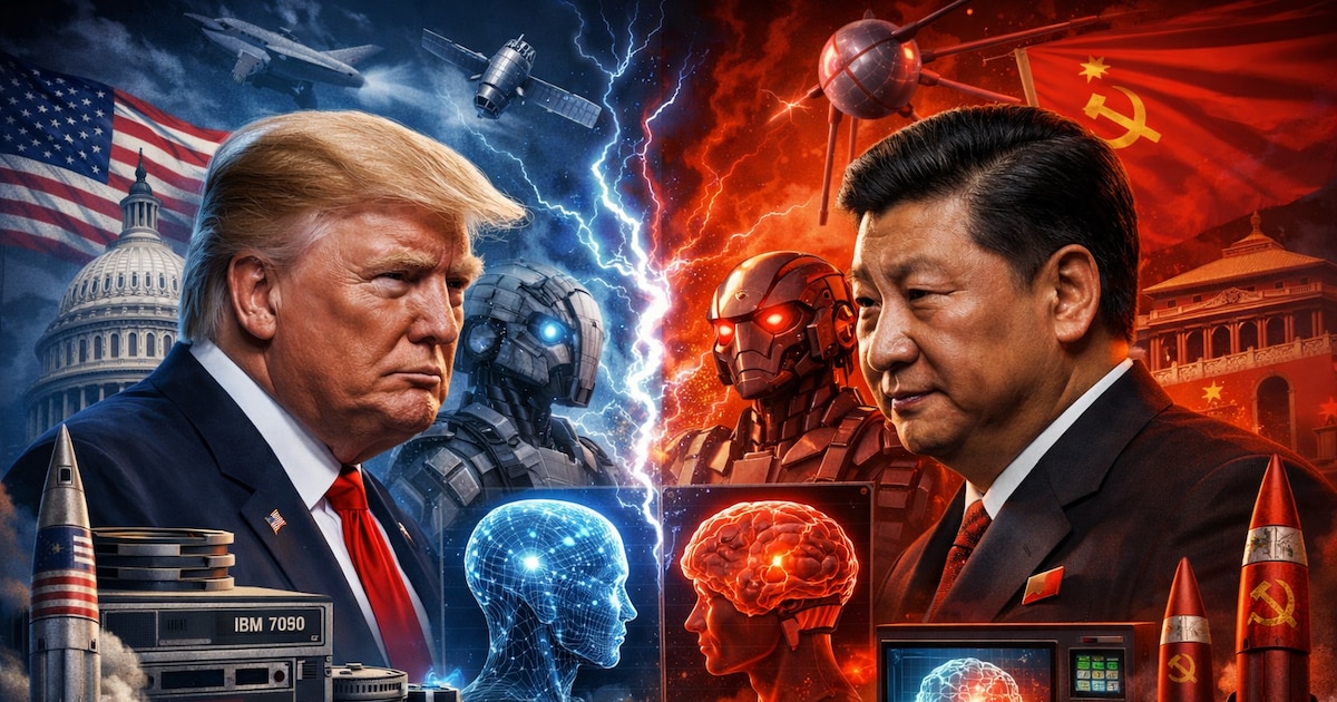 Mapa mundial con chips de silicio y banderas de EE.UU. y China simbolizando la división tecnológica por la 'IA Guerra Fría'