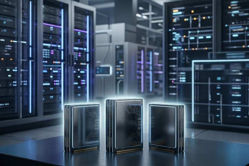 Diagrama técnico de un 'memory godbox' con servidores conectados a un clúster externo de RAM mediante CXL 3.0, mostrando el flujo de datos en tiempo real para entrenar modelos de IA