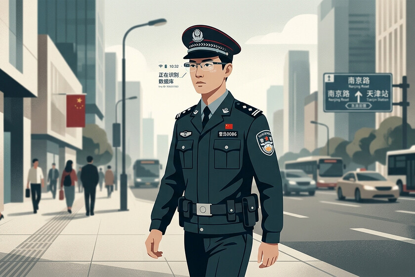 Agente chino usando gafas inteligentes con IA para escanear matrículas y rostros en una calle concurrida