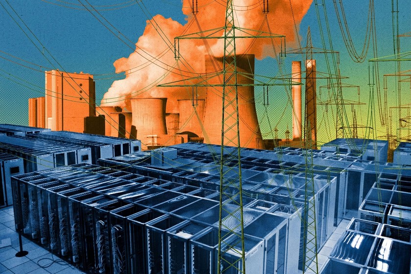 Gráfico de consumo eléctrico en Europa con servidores de centros de datos en primer plano y cables de alta tensión sobrecargados