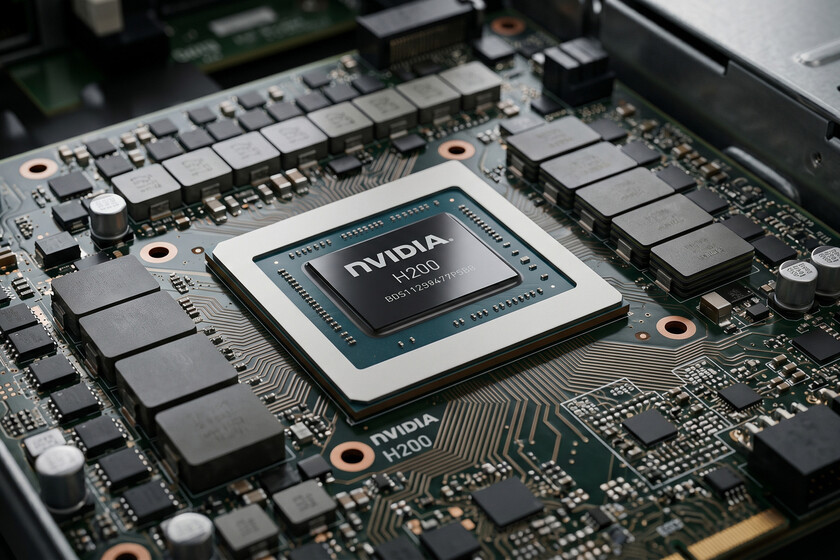 Placa base con la GPU H200 de Nvidia instalada en un servidor de alta capacidad, lista para aplicaciones de IA bajo regulaciones estrictas