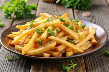 Papas fritas doradas y crujientes en freidora de aire con solo un hilo de aceite, usando el método de cocción en dos fases