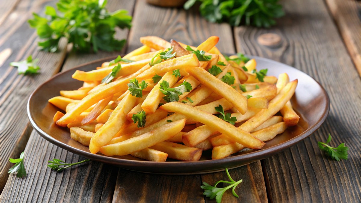 Papas fritas doradas y crujientes en freidora de aire con solo un hilo de aceite, usando el método de cocción en dos fases