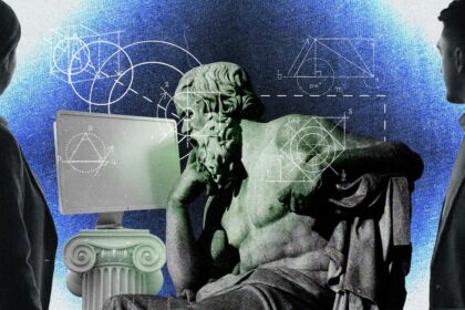 Filósofa analizando código de inteligencia artificial en un laboratorio moderno con pantallas de datos éticos