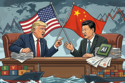 Donald Trump y Xi Jinping en una mesa de negociaciones con banderas de EE.UU. y China al fondo, tensión visible en gestos y documentos sobre aranceles