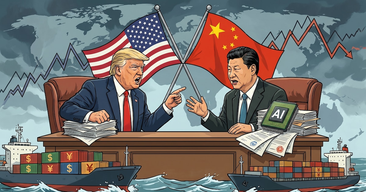 Donald Trump y Xi Jinping en una mesa de negociaciones con banderas de EE.UU. y China al fondo, tensión visible en gestos y documentos sobre aranceles