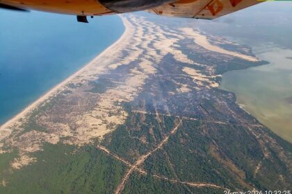 Bomberos forestales trabajando de noche en el incendio del Rincón del Membrillo en Doñana, con autobombas iluminando la zona afectada