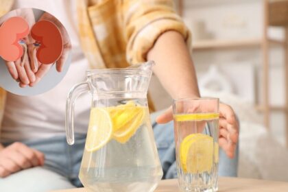 Vaso de agua con rodajas de limón sobre mesa de madera, ilustrando el mito del 'detox renal' que expertos advierten como riesgoso