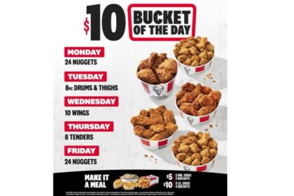 Cubo de pollo frito con 4 salsas gourmet del nuevo menú de $10, listo para disfrutar de martes a viernes