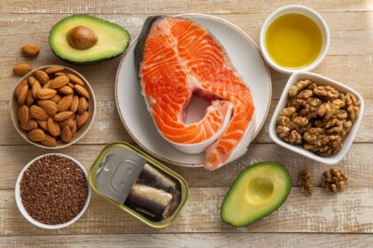 Variedad de alimentos ricos en grasas saludables: aguacate, aceite de oliva, salmón y huevos con yema brillante sobre mesa rústica