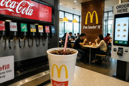 Vaso gigante de refresco con hielo en una mesa de fast food, símbolo del refill ilimitado en declive en EE.UU.