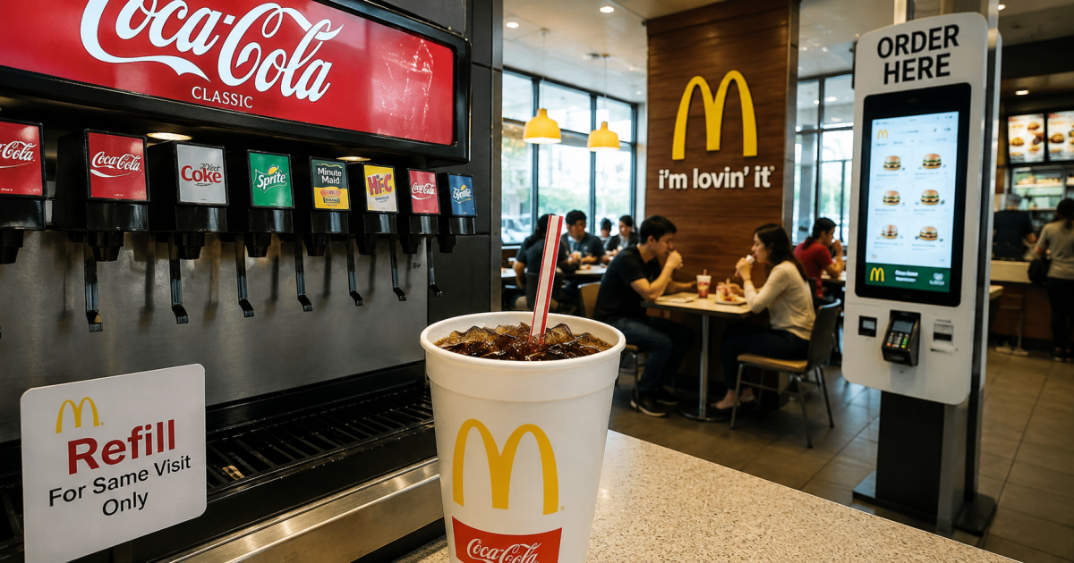 Vaso gigante de refresco con hielo en una mesa de fast food, símbolo del refill ilimitado en declive en EE.UU.