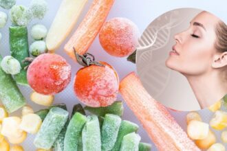 Frutos rojos, brócoli y salmón congelados en bolsas transparentes mostrando sus nutrientes intactos para cuidado de piel