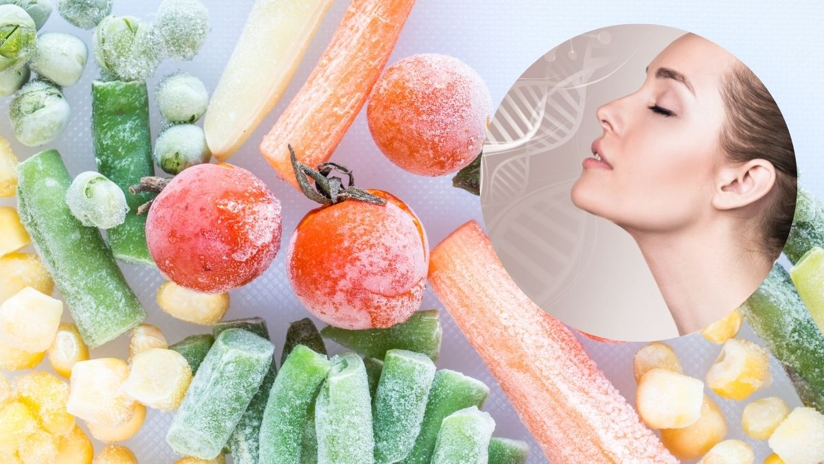 Frutos rojos, brócoli y salmón congelados en bolsas transparentes mostrando sus nutrientes intactos para cuidado de piel