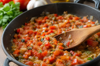 Cebolla, pimiento y tomate sofritos a fuego lento en aceite de oliva, base saludable para platos latinos con beneficios para diabetes