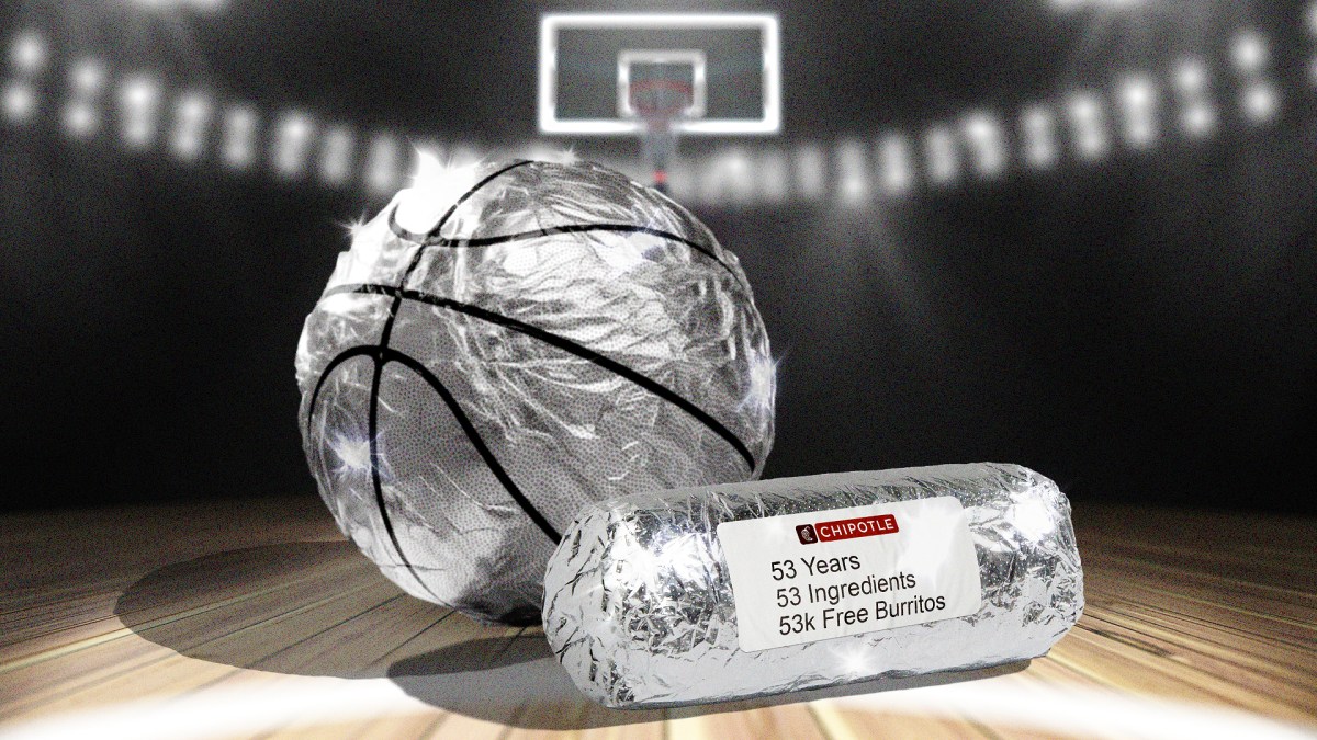 Burritos de Chipotle con logo de NBA y platos de jugadores como Josh Hart y Mikal Bridges