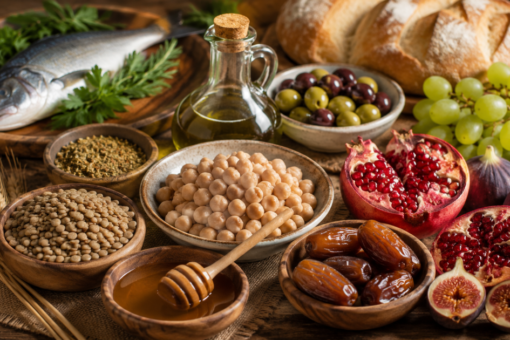 Plato colorido con lentejas, higos, aceite de oliva y granada sobre mesa rústica de madera, destacando los alimentos bíblicos más saludables según nutricionistas modernos