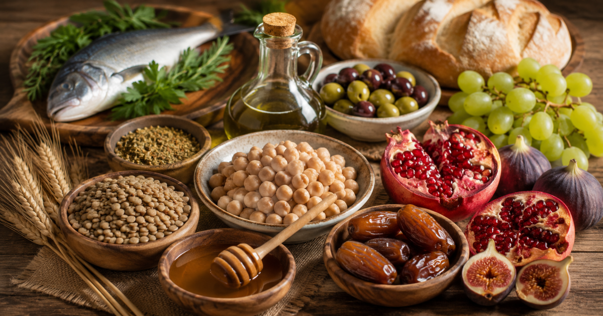 Plato colorido con lentejas, higos, aceite de oliva y granada sobre mesa rústica de madera, destacando los alimentos bíblicos más saludables según nutricionistas modernos