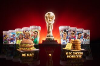 Vasos coleccionables del Mundial 2026 con diseños de Beckham y Lamine Yamal junto a peluches de las mascotas oficiales