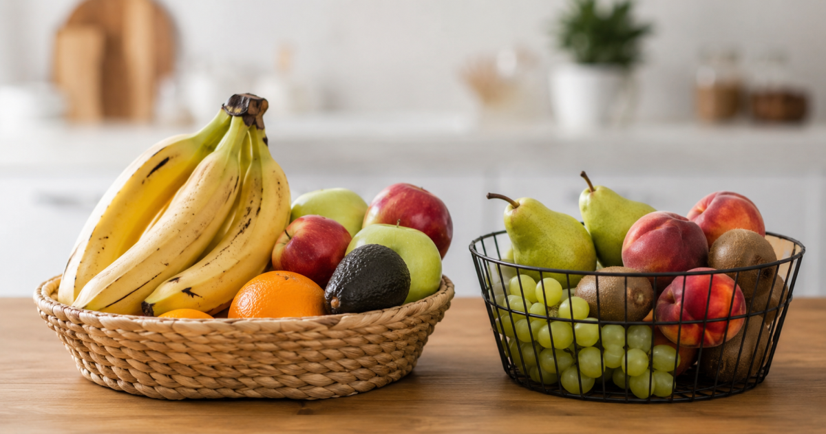 Frutas como bananas, manzanas y aguacates liberando gas etileno que acelera su maduración