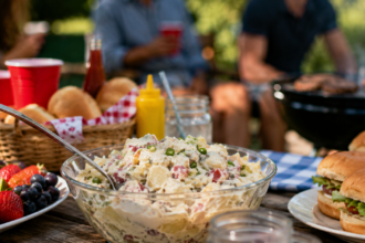 Ensalada de papa en recipiente al aire libre bajo el sol de verano