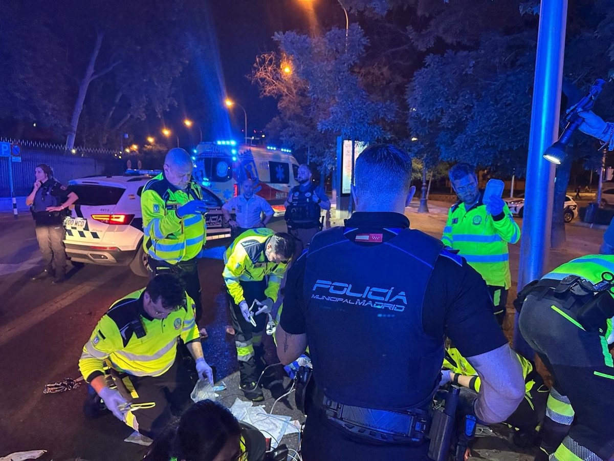 Motorista en el suelo tras pérdida de control en el Paseo de la Castellana, zona con juntas de dilatación visibles y asfalto irregular