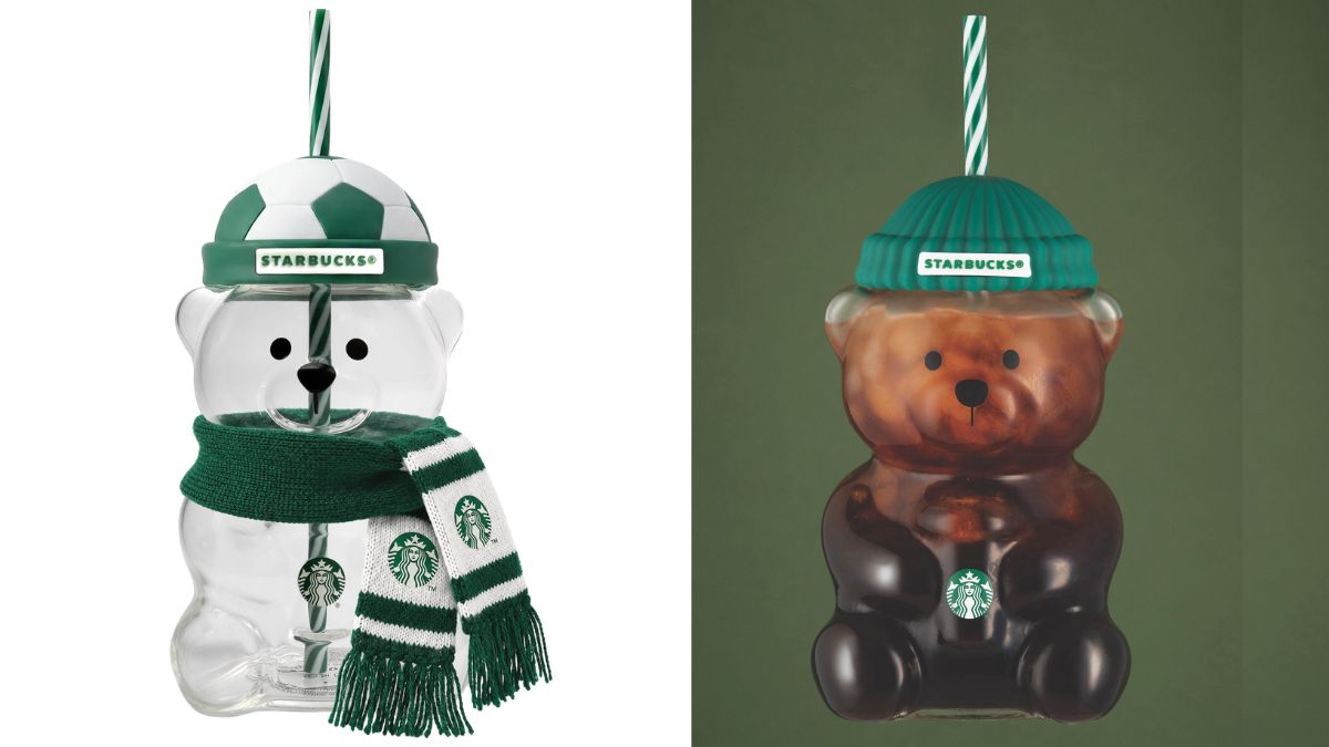 Vaso Bearista de Starbucks edición Mundial 2026 con forma de oso y tapa de balón de fútbol