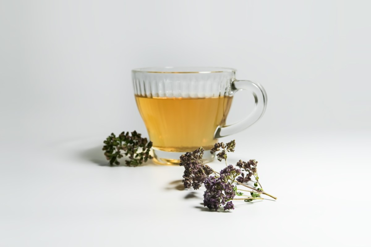 Taza de té de orégano con hojas frescas y secas sobre mesa de madera